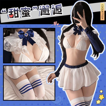 「學院藍絲」立領花邊比基尼 × 透紗露臀小短裙 裸背含襪三件組