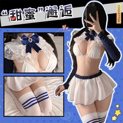 「學院藍絲」立領花邊比基尼 × 透紗露臀小短裙 裸背含襪三件組